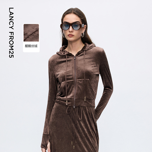 新款 朗姿醋酸丝绒连帽短款 显瘦卫衣外套优雅通勤上衣女2025年冬季
