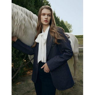 朗姿棉质牛仔复古休闲流行西装 奥莱气质高级感西服 外套女秋季