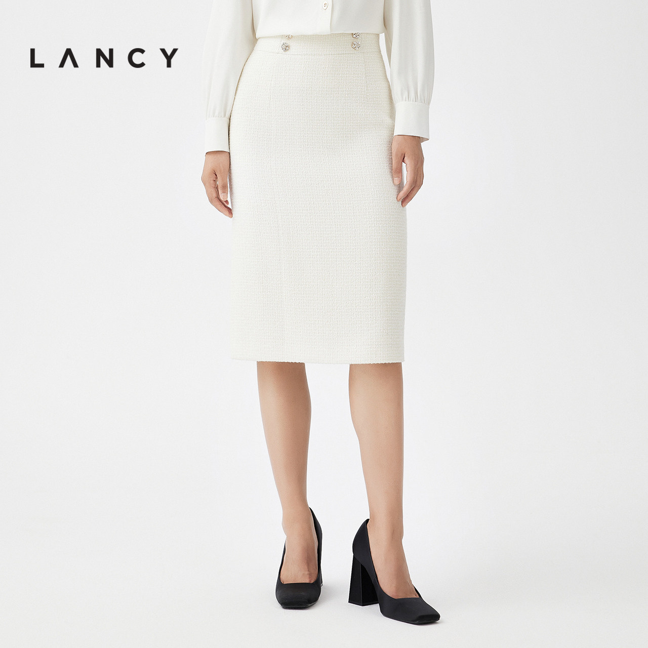 LANCY/朗姿2023秋冬季新款高腰小香风半身裙子女白色修身职业裙子
