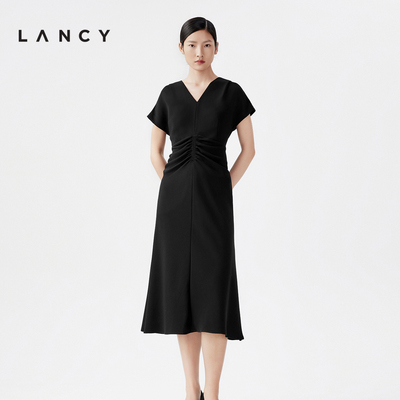 [朗姿奥莱]LANCY朗姿2024夏季法式三醋酸v领捏褶连衣裙优雅收腰高