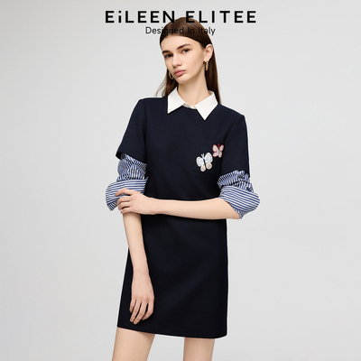 朗姿欧洲EiLEEN ELITEE蝴蝶刺绣连衣裙女羊毛圆领2025秋季新款