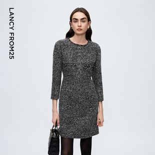 朗姿典雅小香风粗花呢圆领高级感连衣裙女礼服2025年冬季新款