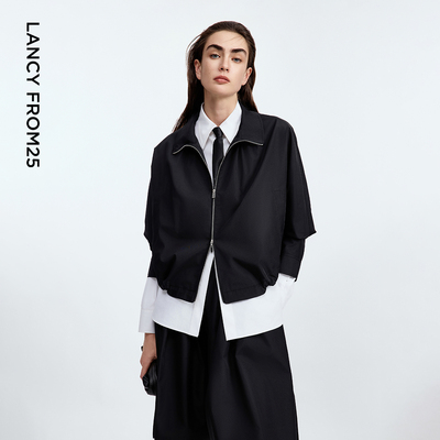 朗姿黑色缎面夹克外套设计感别致短款宽松百搭上衣2025年秋季新款