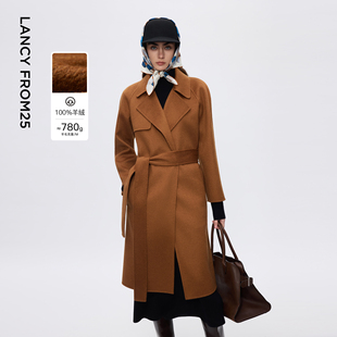 朗姿水波纹羊绒大衣翻领高级感时尚气质通勤外套2025年冬季新款女