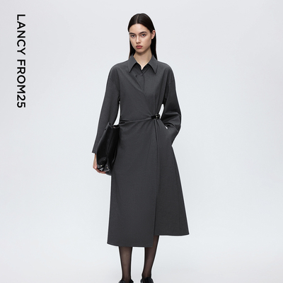 朗姿气质高级感衬衫连衣裙轻职场时尚高腰a字大摆2025年冬季新款