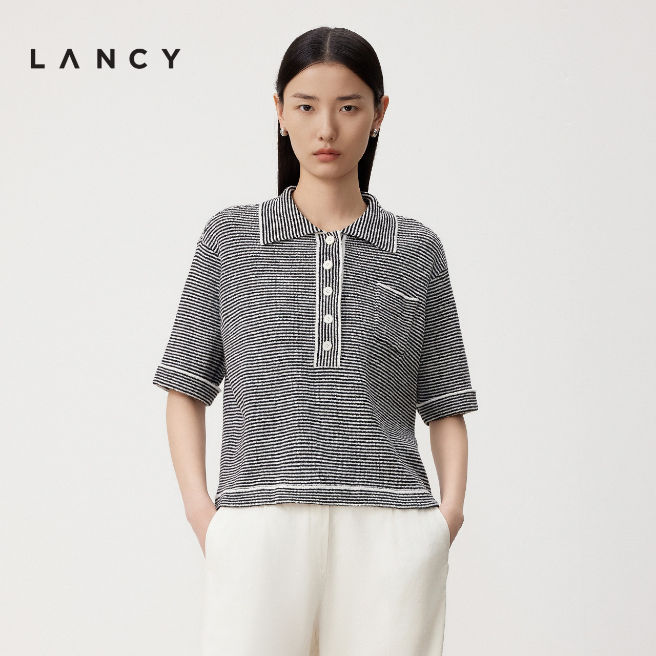 [朗姿奥莱]LANCY/朗姿2024夏季新款时尚百搭横条纹polo领衬衫女短