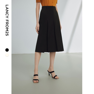 朗姿直筒复古高腰显瘦裙子2024夏 三醋酸Basic衣橱 朗姿奥莱