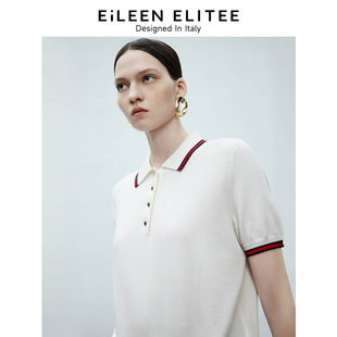 翻领纯棉撞色 白色polo领针织衫 朗姿欧洲EiLEEN ELITEE2025春新款