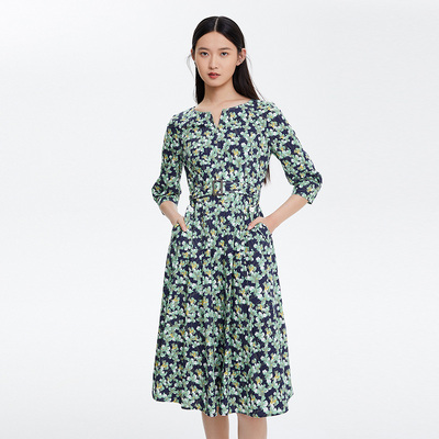 [朗姿奥莱]LANCY/朗姿女装商场同款奥莱碎花连衣裙子女春夏收腰中