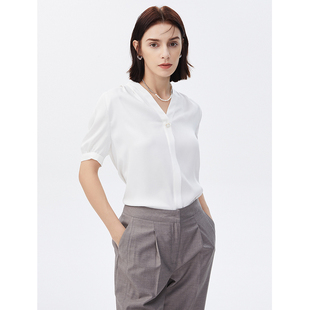 朗姿法式 Basic衣橱 短袖 白色衬衫 内搭v领 衬衣夏新款 朗姿奥莱