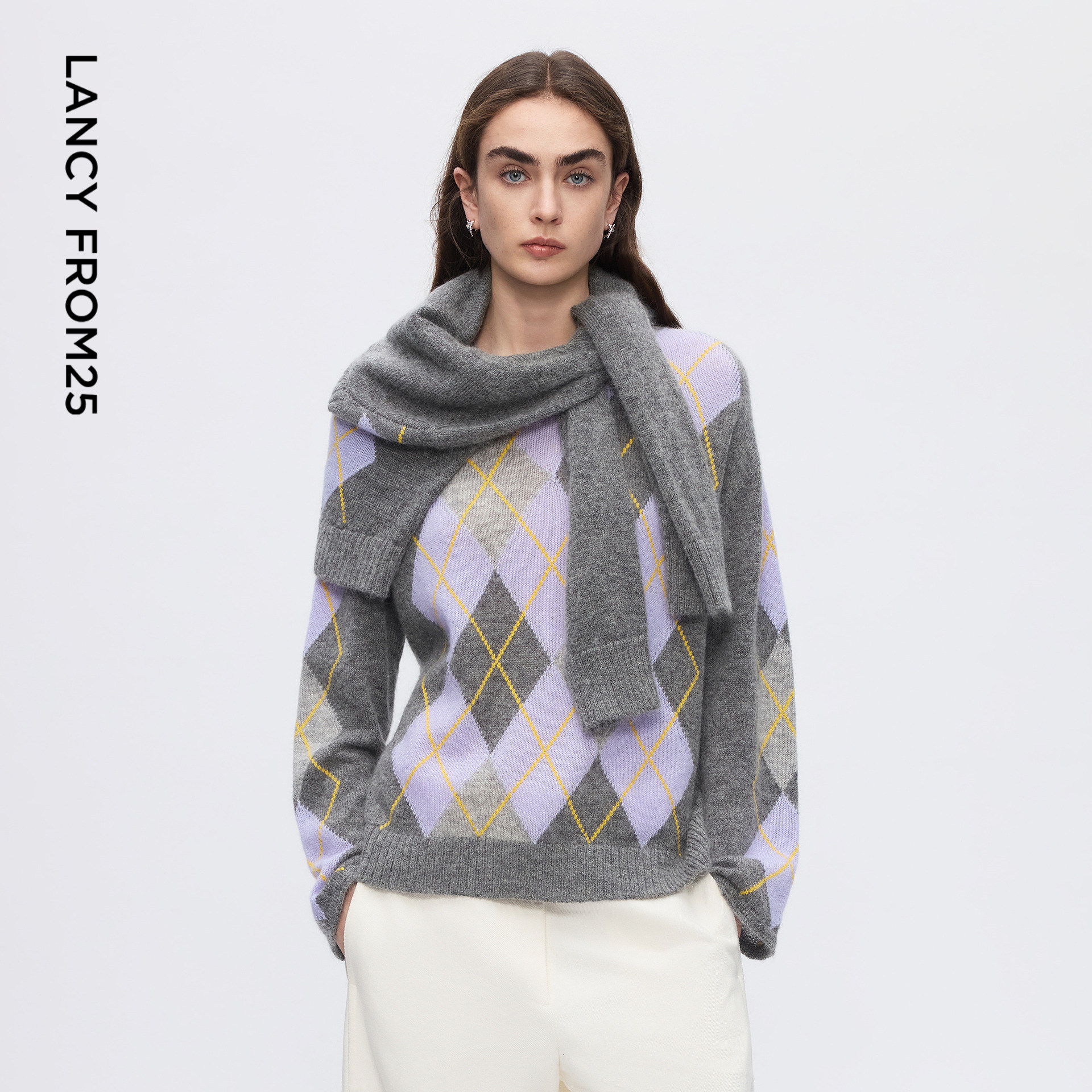 朗姿羊毛圆领菱格纹套头针织衫气质百搭通勤风毛衣2025年冬季新款,女装/女士精品,毛针织衫,淘宝优惠券,粉丝福利购,淘宝优惠卷