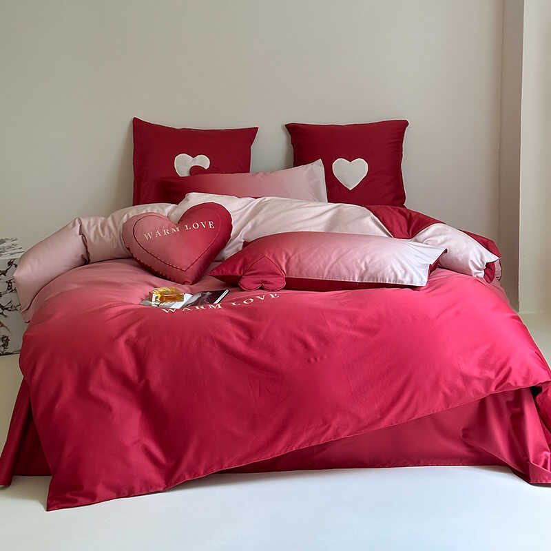 喜被套亲肤渐变红刺绣多件套