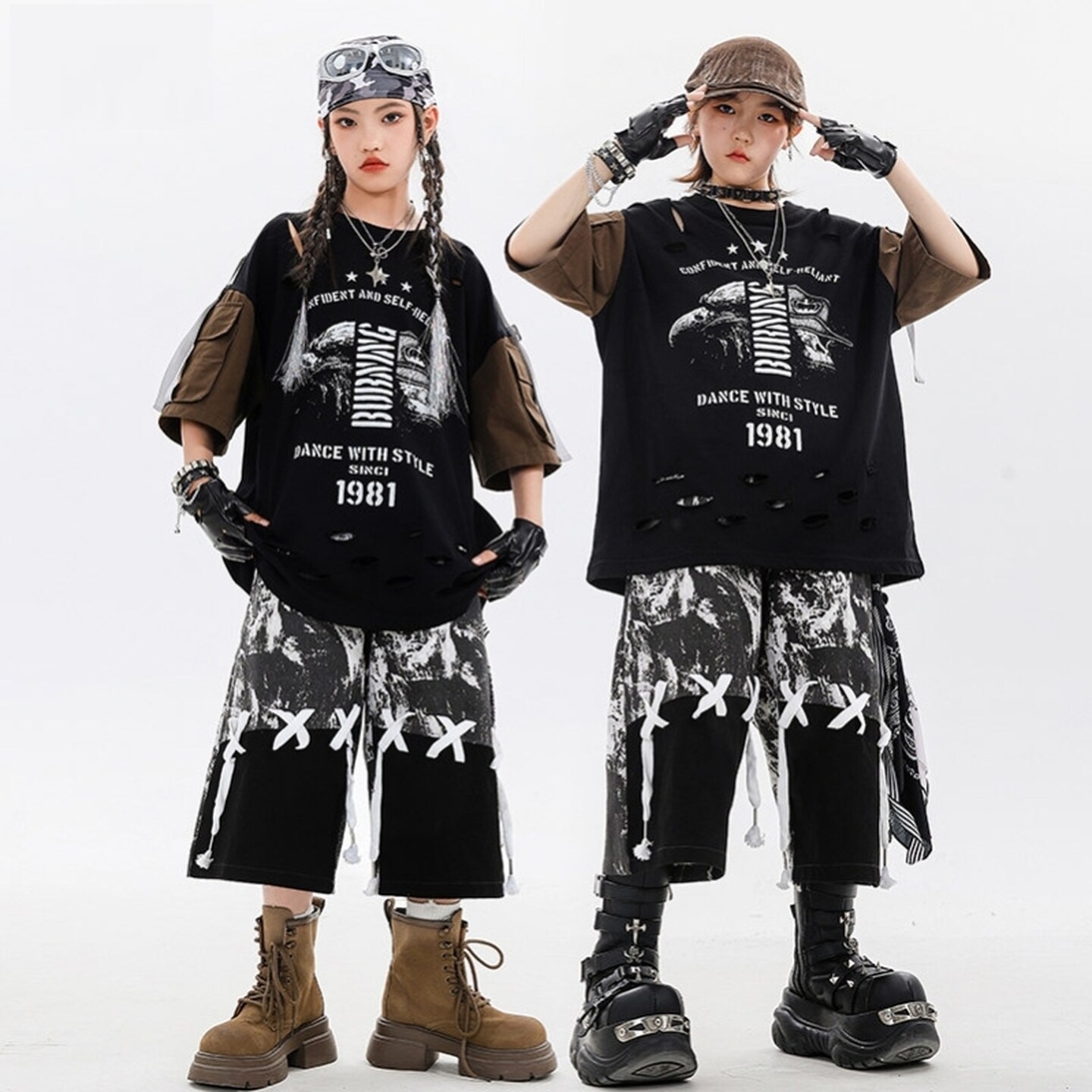男童嘻哈街舞服少儿黑蓝童装潮牌黑红女童表演服装条纹hiphop走秀