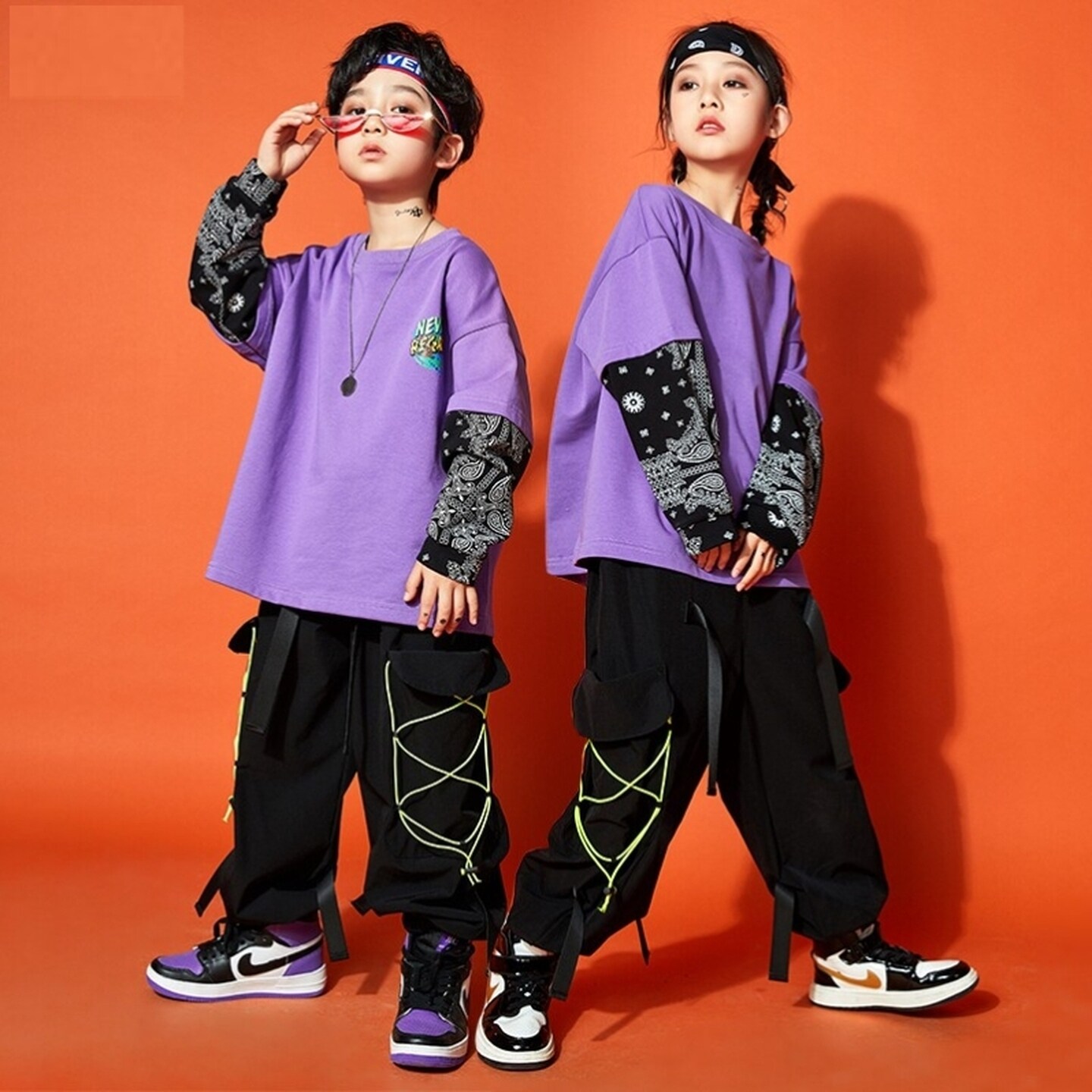 hiphop街舞儿童潮服女童皮衣马甲黑红格子服装黑黄潮装套装红白