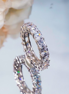 PT950铂金美国进口D色莫桑石群镶满钻公主方排戒纯银指环50分戒指