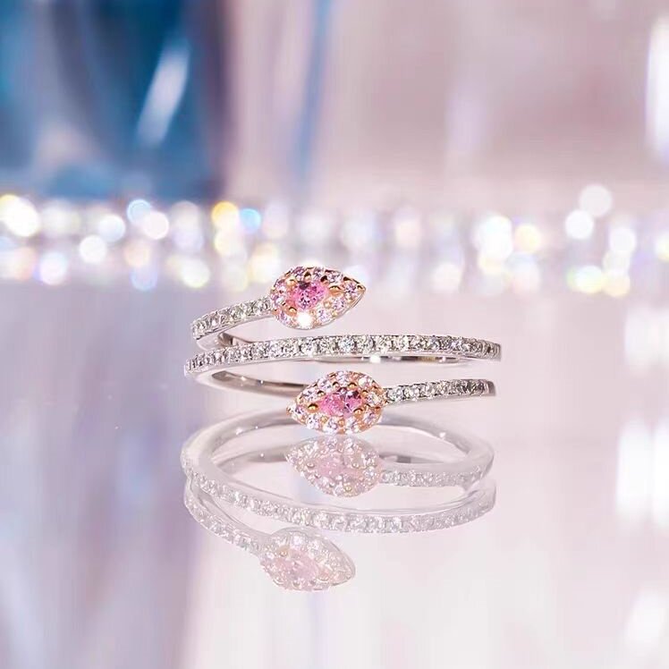AU750白金D色莫桑石满钻双粉爱心戒指纯银多层开口指环女时尚精致