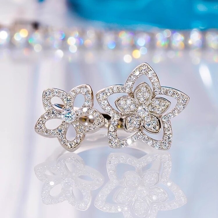 PT950铂金D色莫桑石微镶满钻双花朵戒指纯银繁花开口钻戒甜美精致