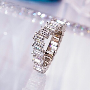 PT950铂金D色莫桑石满钻V长方排钻戒指纯银简约百搭指环通勤时尚