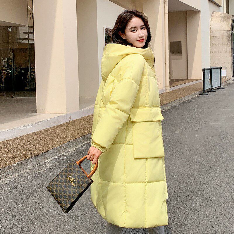 奶黄色羽绒棉服女中长款2025冬季新款韩版宽松棉衣加厚保暖外套潮