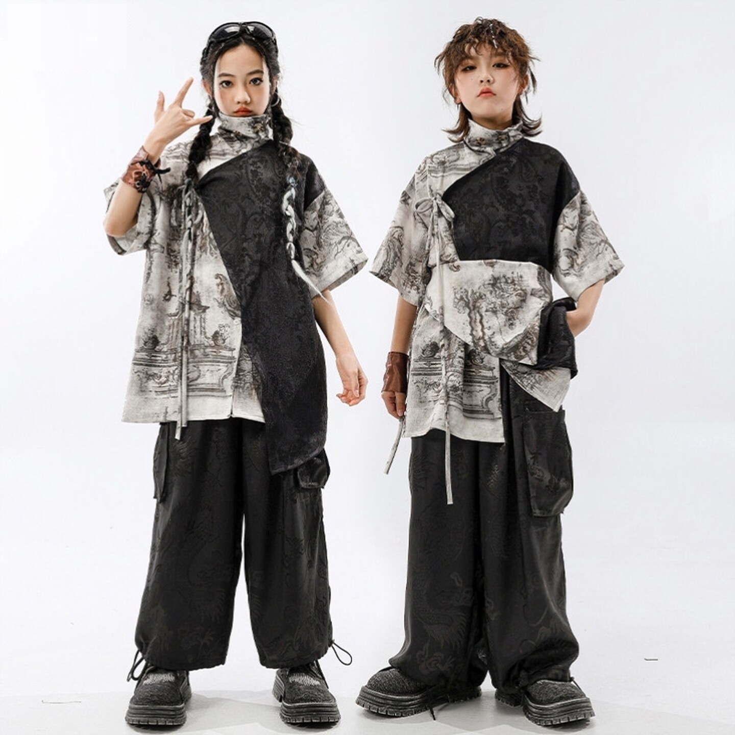 儿童街舞服破洞童装黑色服装红白网孔炸蹈服架子鼓女童短袖走秀