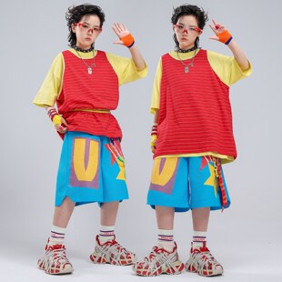 街舞服女童黑色宽松夏天皮衣黑皮马甲红白潮装衬衫潮服黑白国潮