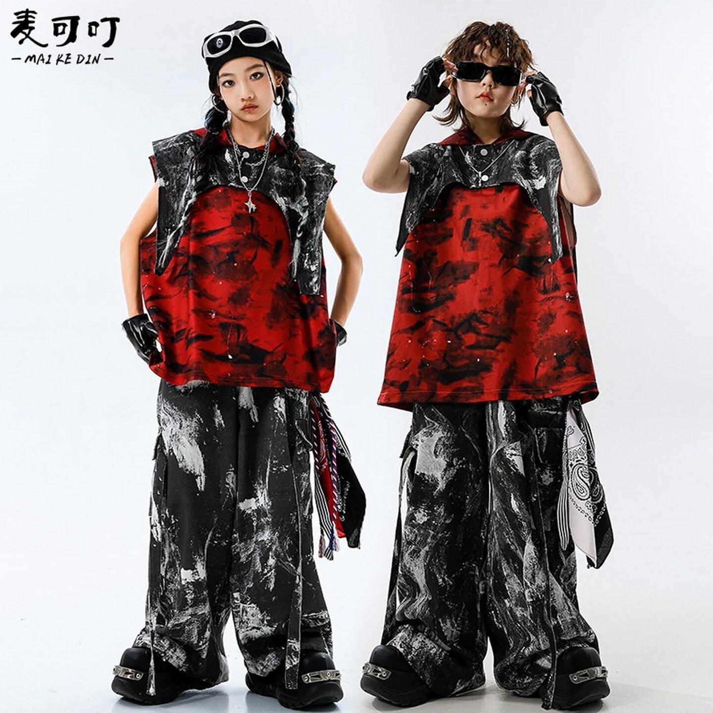 嘻哈街舞服格子服装沙漠风童服hiphop字母黑红套装帅气酷帅夏天