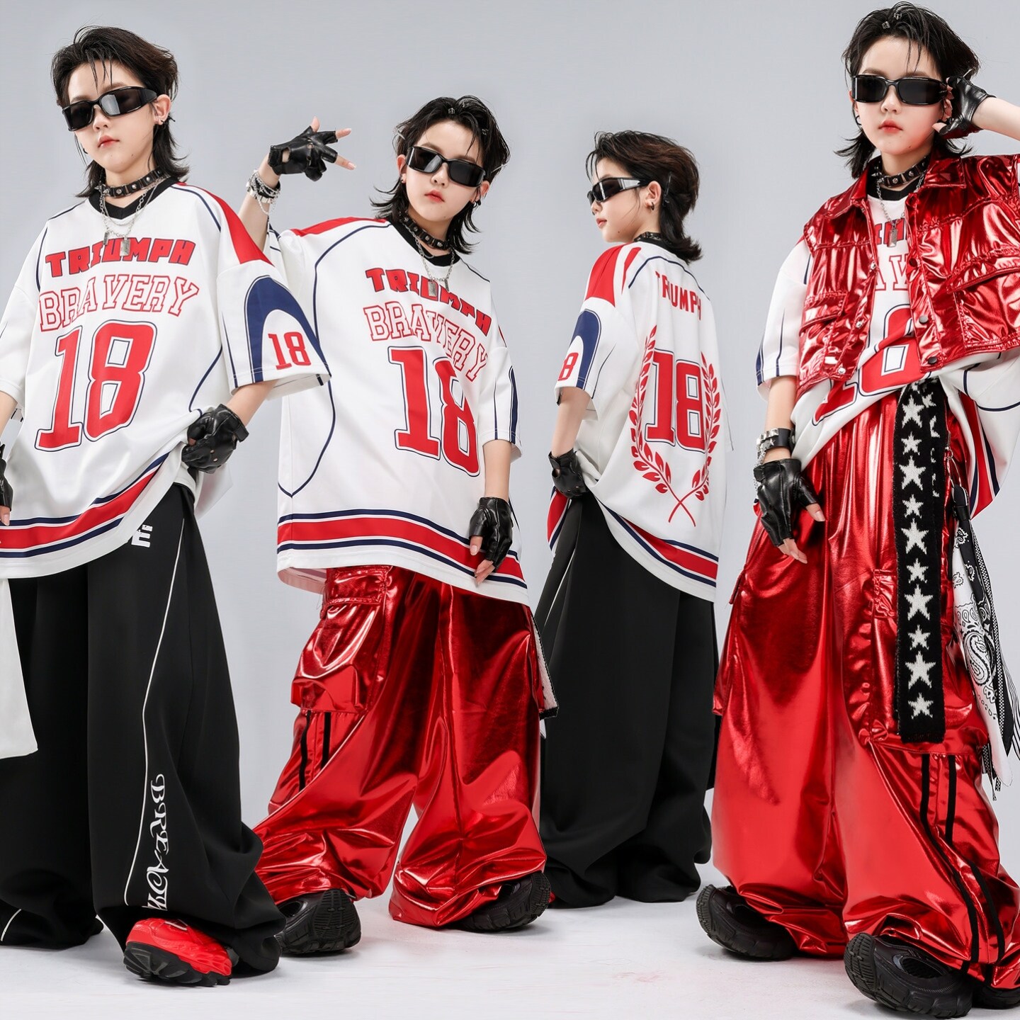 男童街舞服端午破洞条纹潮服衬衫炸街童服皮衣夏天童装少儿表演服