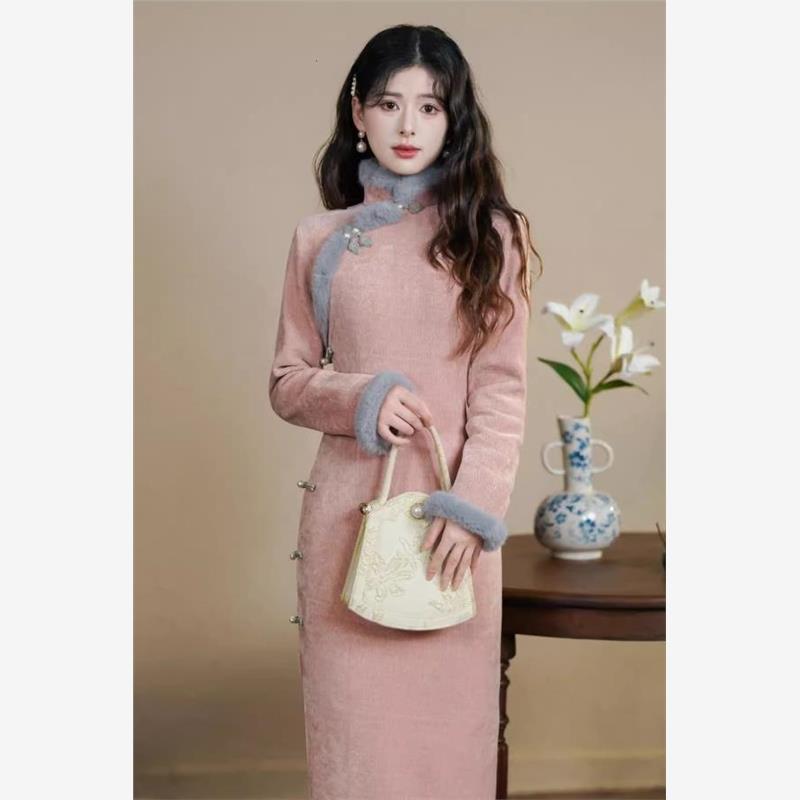 高级感淑女范粉色加绒旗袍新中式装裙子女时尚绝美巨好看适合小个