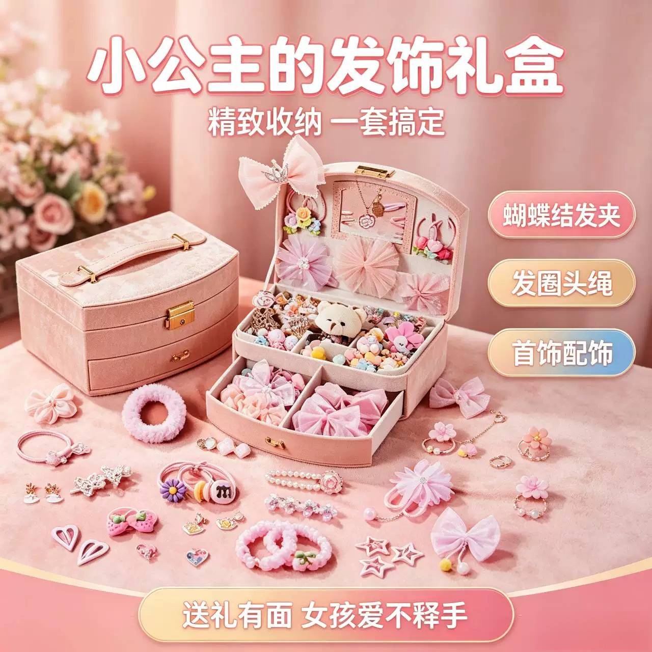 公主梦幻粉色发饰礼盒套装含戒指