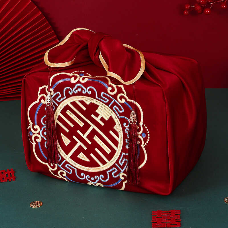 结婚用的红包袱新娘备婚聚宝盆盖布中式烫画红布包裹皮陪嫁喜盆