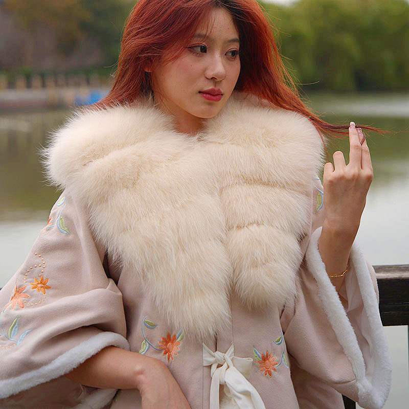 狐狸毛镶獭兔毛竹节毛云肩汉服唐装大毛领秋冬女保暖毛毛围脖真毛
