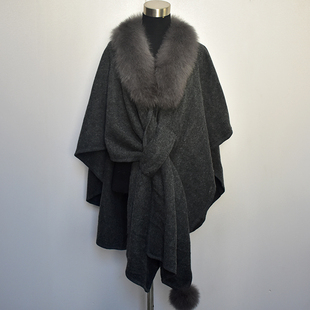 欧美新款时尚真狐狸毛领毛球披肩斗篷外搭披风毛呢料斗篷外套女