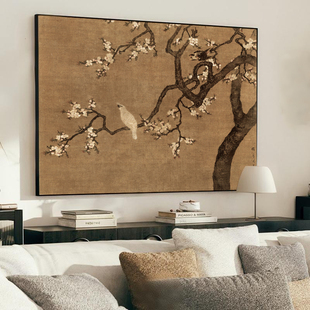 中古风卧室床头装饰画芯复古横版自粘贴画中式花鸟杏花双雉贴纸画