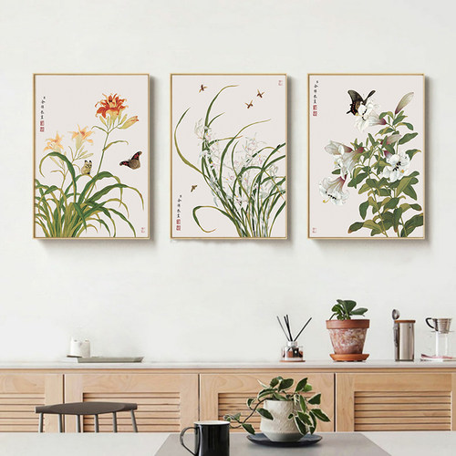 现代中式花鸟装饰画芯小清新国风画客厅沙发背景墙自粘贴纸画海报