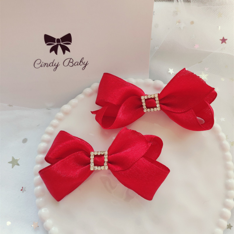 cindybaby手工宝宝儿童发夹幻彩钻扣红色蝴蝶结新年