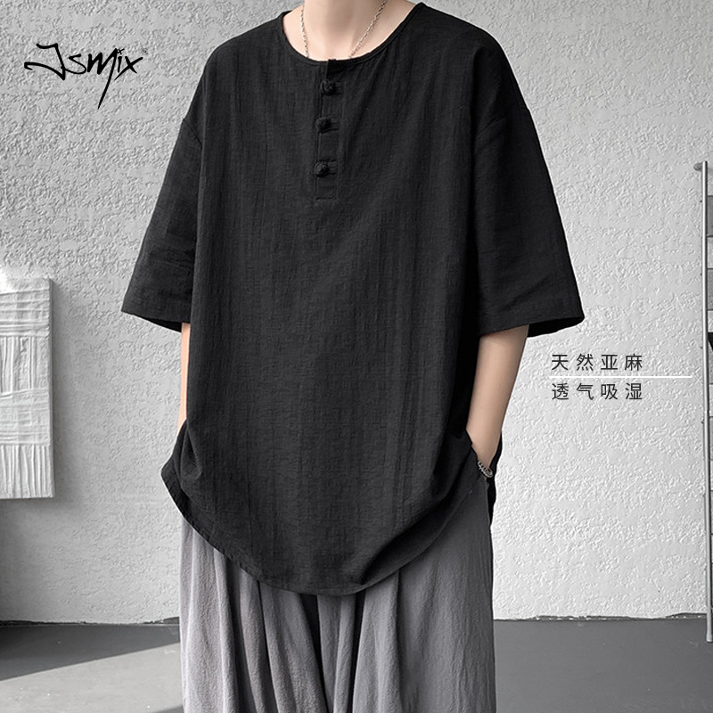 Jsmix国潮盘扣麻料大码加大加肥男士半袖t恤2026夏季男款宽松上衣