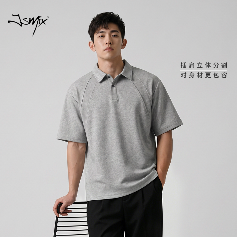 Jsmix灰色翻领两粒扣大码男士短袖polo衫2026夏季男款加大加肥t恤