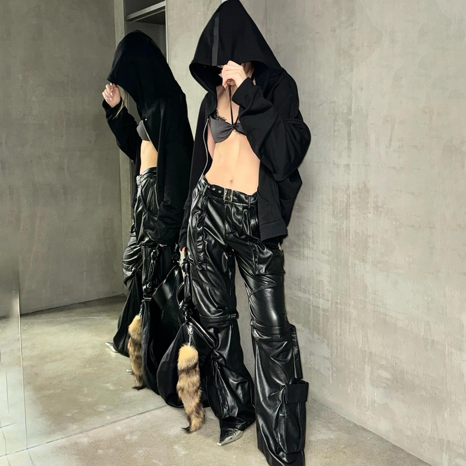 CNLEEWEI 24AW 高级感时尚百搭金属腰带休闲工装超纤蛋白皮裤