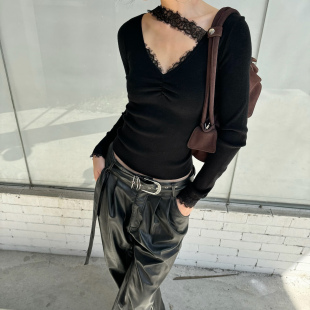 CNLEEWEI 24AW黑色深V拼接蕾丝羊毛织上衣女打底衫针织衫蛋白皮裤