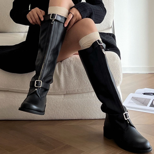 24秋冬新款 echo 美拉德圆头宽筒绑带棕色长筒靴骑士靴 lost