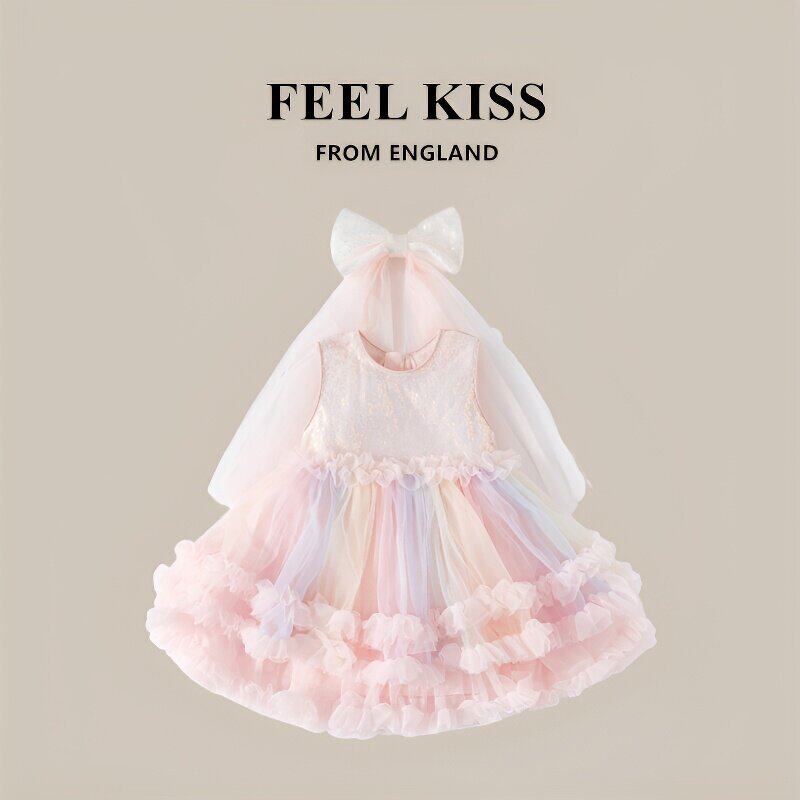 英国Feelkiss女童洋装夏装新款公主裙周岁礼服儿童背心网纱裙子