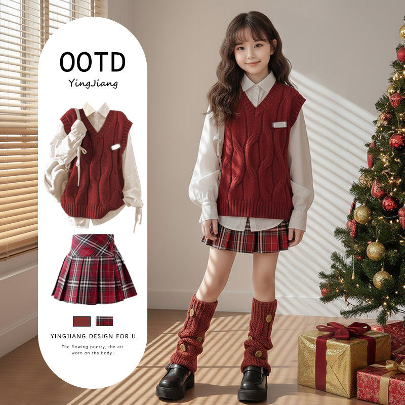 法国BADNUT女童圣诞过年衣服套装学院衬衫马甲2025新款儿童连衣裙