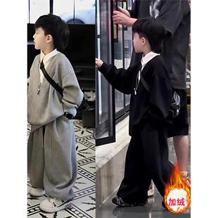 法国男童加绒套装秋冬2025新款帅气时髦儿童学院风痞帅小男童装