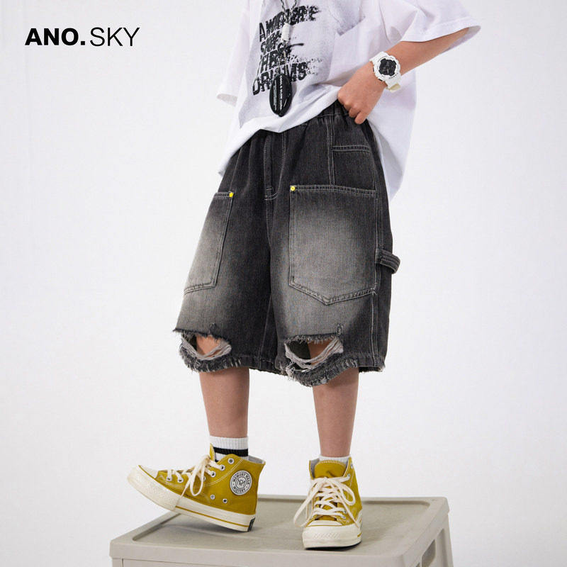 anothersky 男童夏季渐层软牛仔短裤2026新款儿童美式破洞五分裤