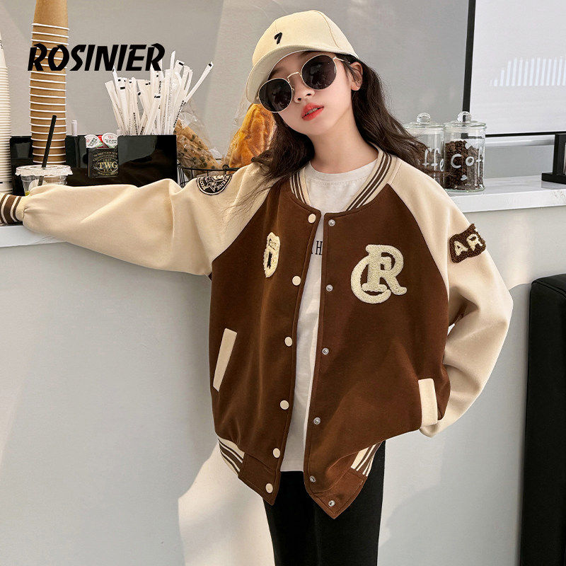 韩国ROSINIER女童外套秋冬款女孩大童加绒棒球服儿童冬季红色上衣