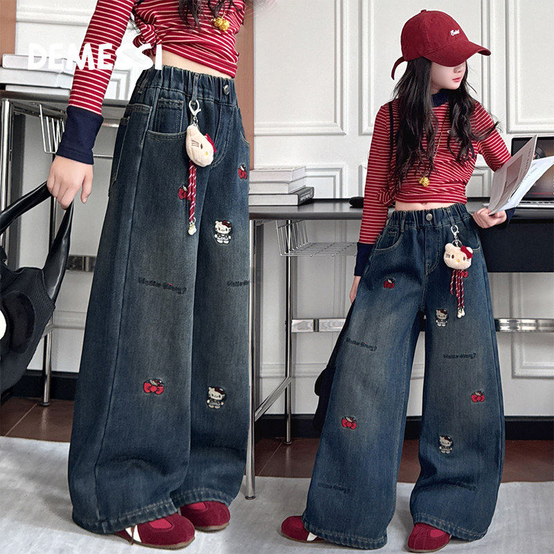 韩国DEMESSI女童加绒牛仔裤秋冬2026新刺绣阔腿裤加厚保暖长裤子