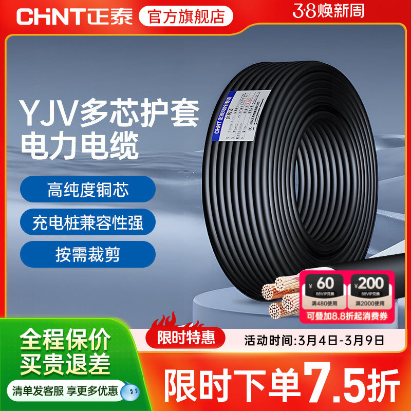 正泰电缆YJV0.6/1kV工程国标阻燃电缆铜芯电源线户外线充电桩1米