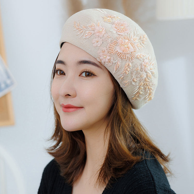 春夏日系气质手工珠子刺绣贝雷帽女百搭英伦透气复古潮蓓蕾画家帽