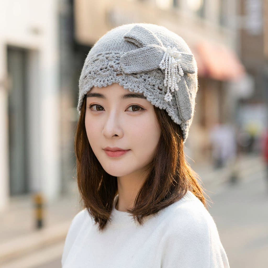秋冬女韩版钩针镂空花边瓜皮帽