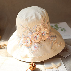 春夏季帽子女3D刺绣花渔夫帽仙美风日系显脸小防晒布帽出游太阳帽